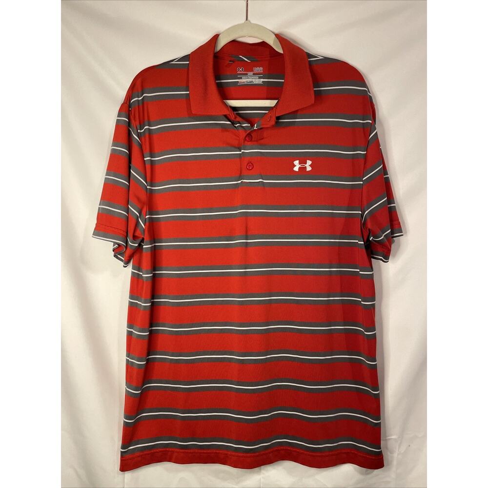 Under Armour Polo Short Adult Large Red Striped Logo Heatgear Short Sleeve Mens